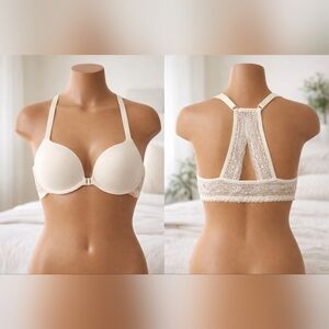 34B Ivory Lace Plunge Push Up Bra Racerback Front Closure NWT